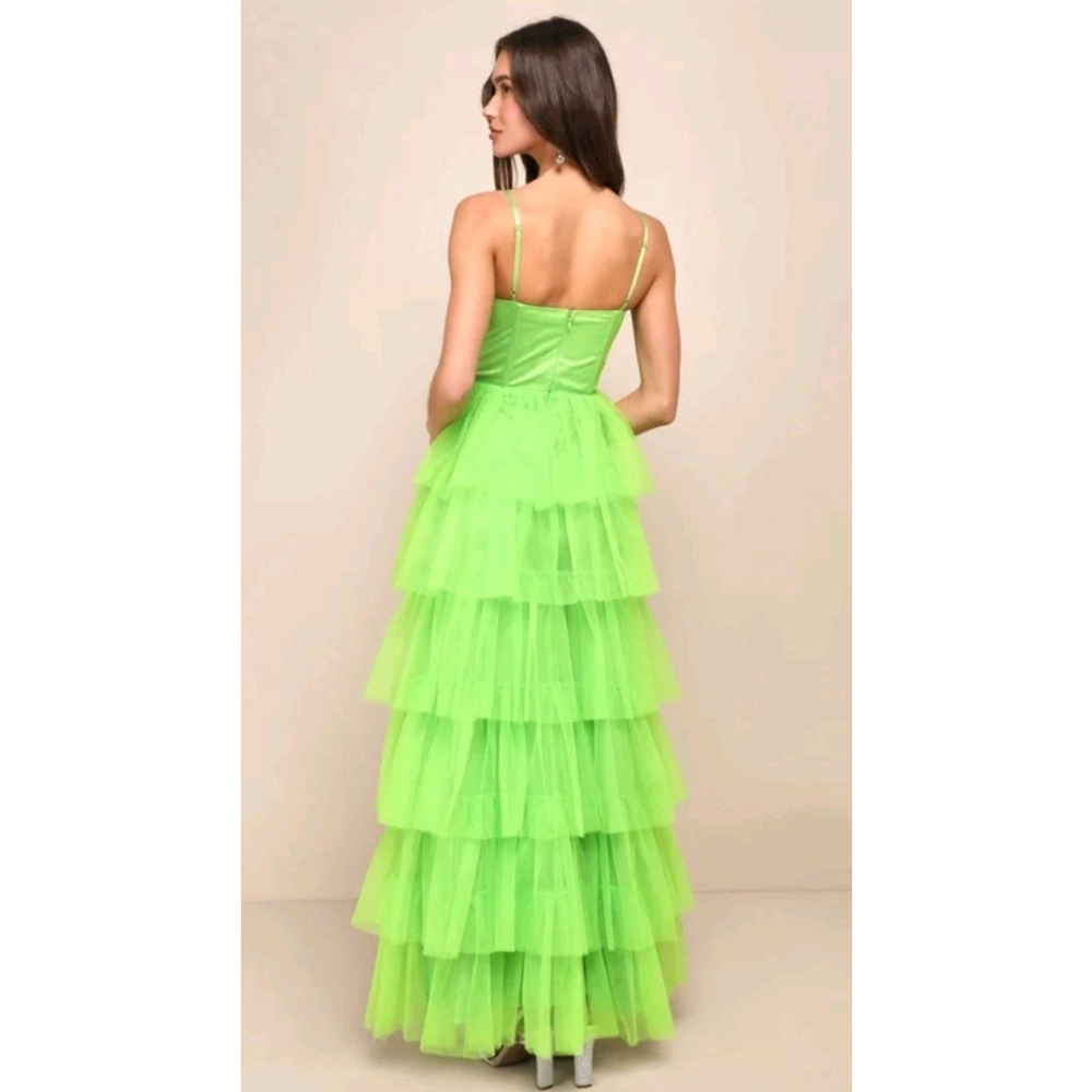 NWT $128 Lulus Rule the Runway Lime Green Tulle Tiered Maxi Dress Womens L - Picture 2 of 10